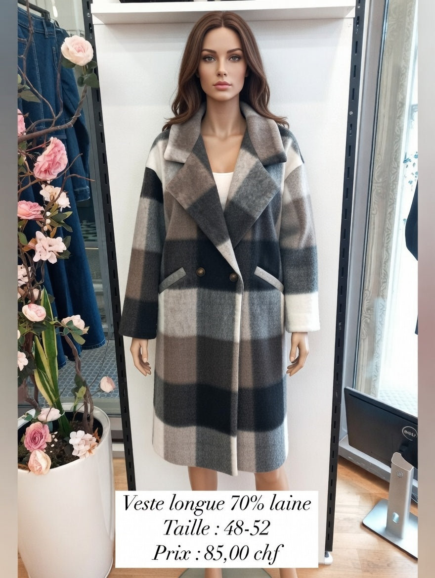 85,00 chf - Taille 48-52 - Veste longue laine 70% Made in Italy carreaux oversize !