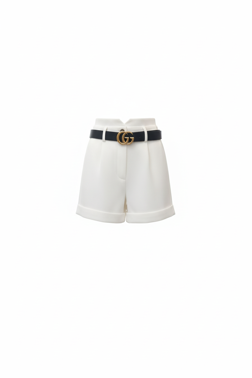 Short VIGOL Blanc & Ceinture GG - Chic & Tendance - Taille L - Made in Italy - Pièce unique