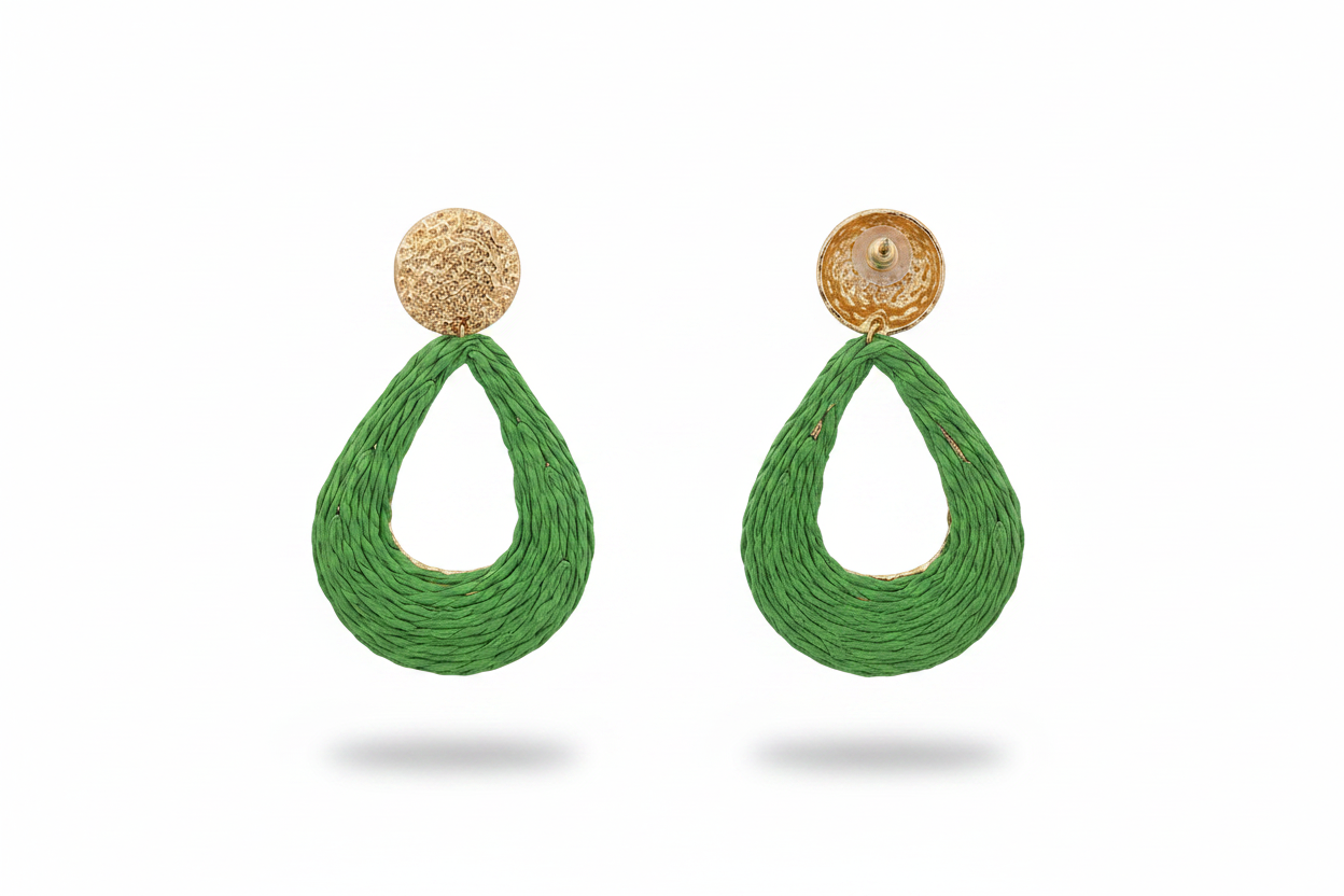 Boucles d'oreilles Vert & Dorées – Goutte Raffia