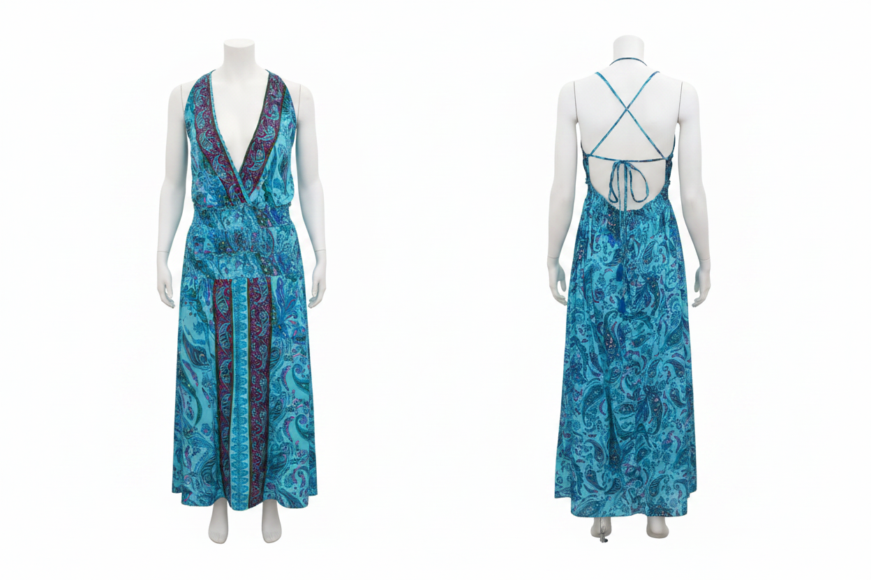 Robe Longue Paisley Turquoise Dos Nu Bretelles Croisées Palak - Taille Unique