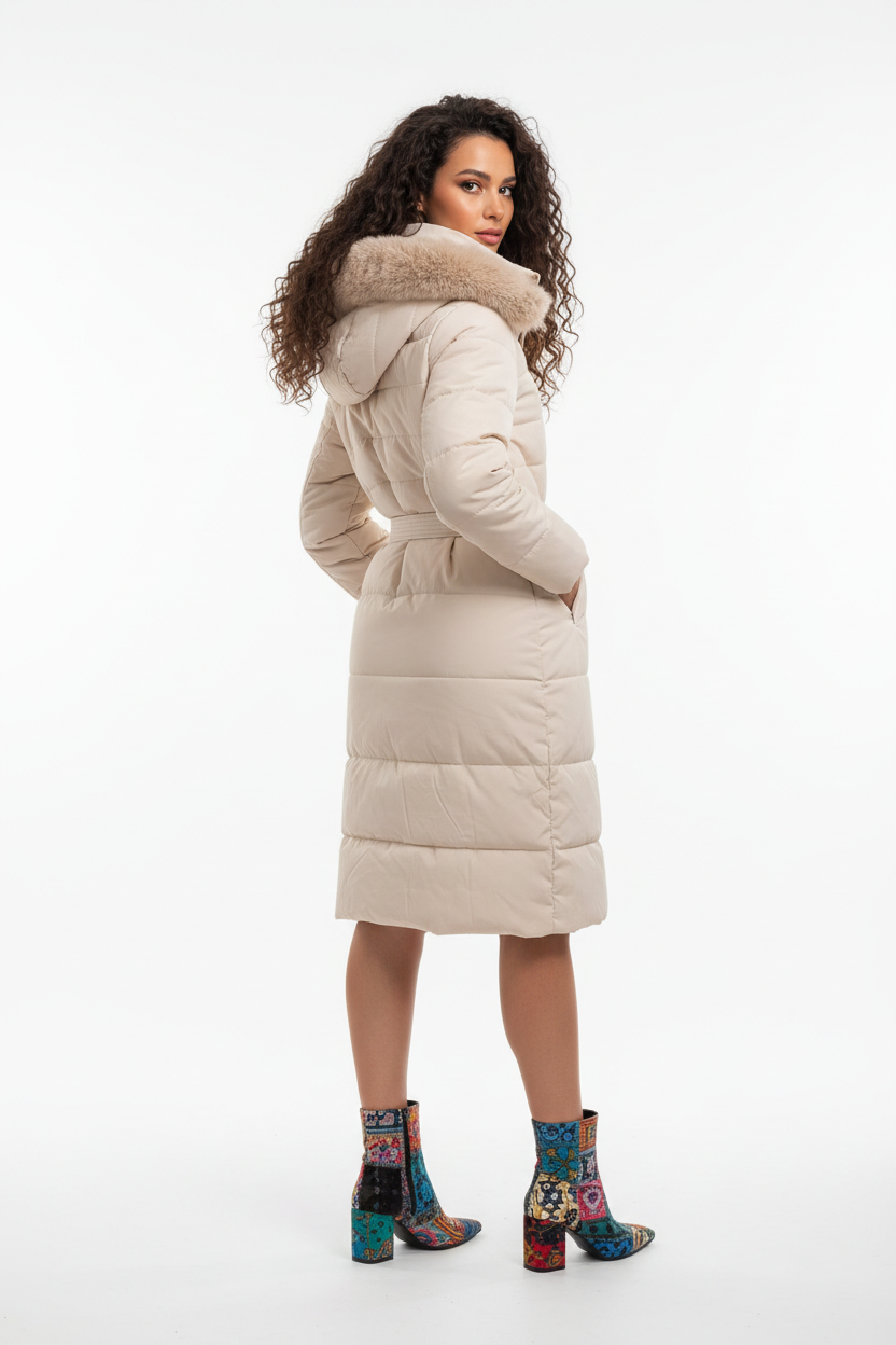 Manteau matelassé  - Mélie Rose - Col fourrure & ceinture - Taille 4XL/50 - Made in Italy - Pièce unique