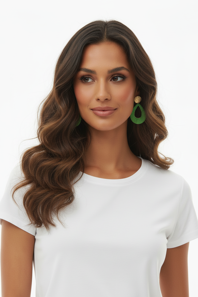 Boucles d'oreilles Vert & Dorées – Goutte Raffia