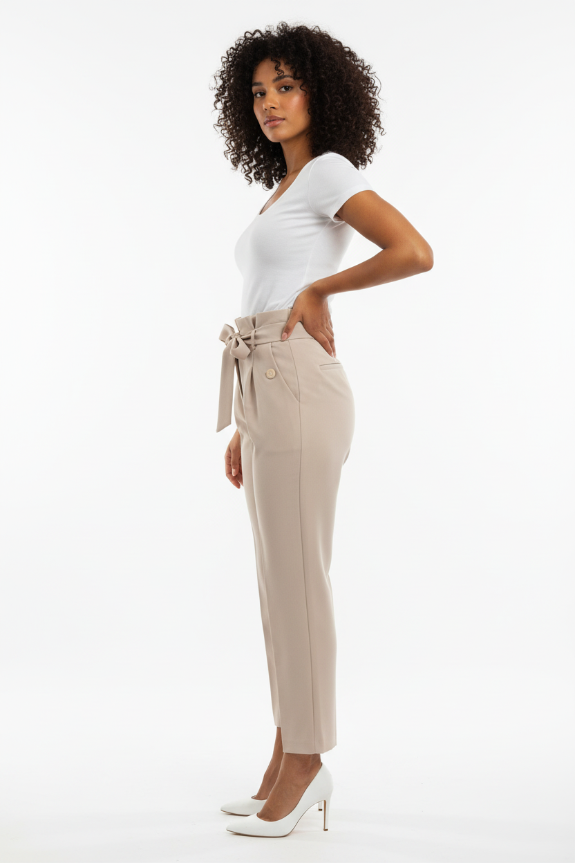 Pantalon Beige - Taille Haute - Paper Bag - NEW COLLECTION - Taille L - Made in Italy - Pièce unique