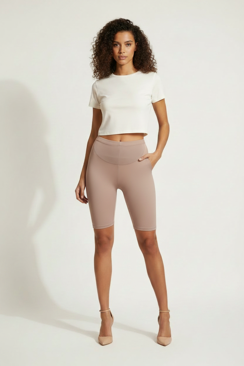 Short gainant brésilien Divas beige rosé taille haute coupe cycliste vue face crop top blanc fond blanc