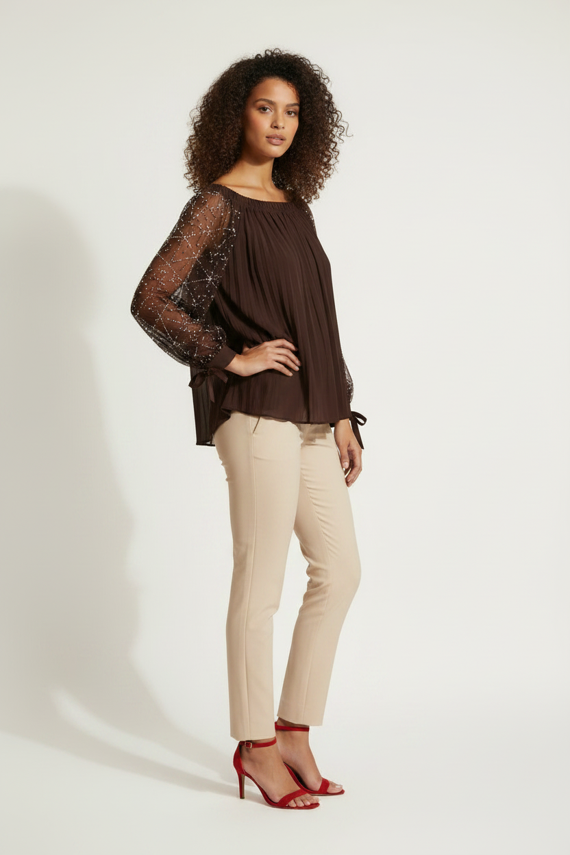 Blouse Marron Manches Résille Strass - Taille 40-44 - Made in Italy - Pièce unique