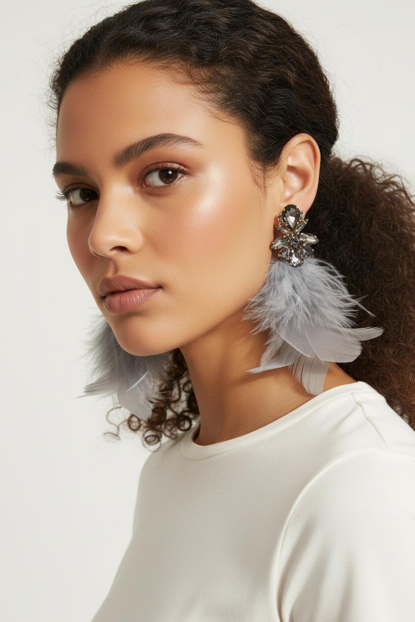 Boucles d'oreilles plumes grises et cristaux fumés