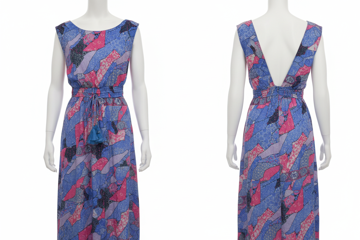 Robe Longue Patchwork Bohème Bleue Rose - Taille Unique