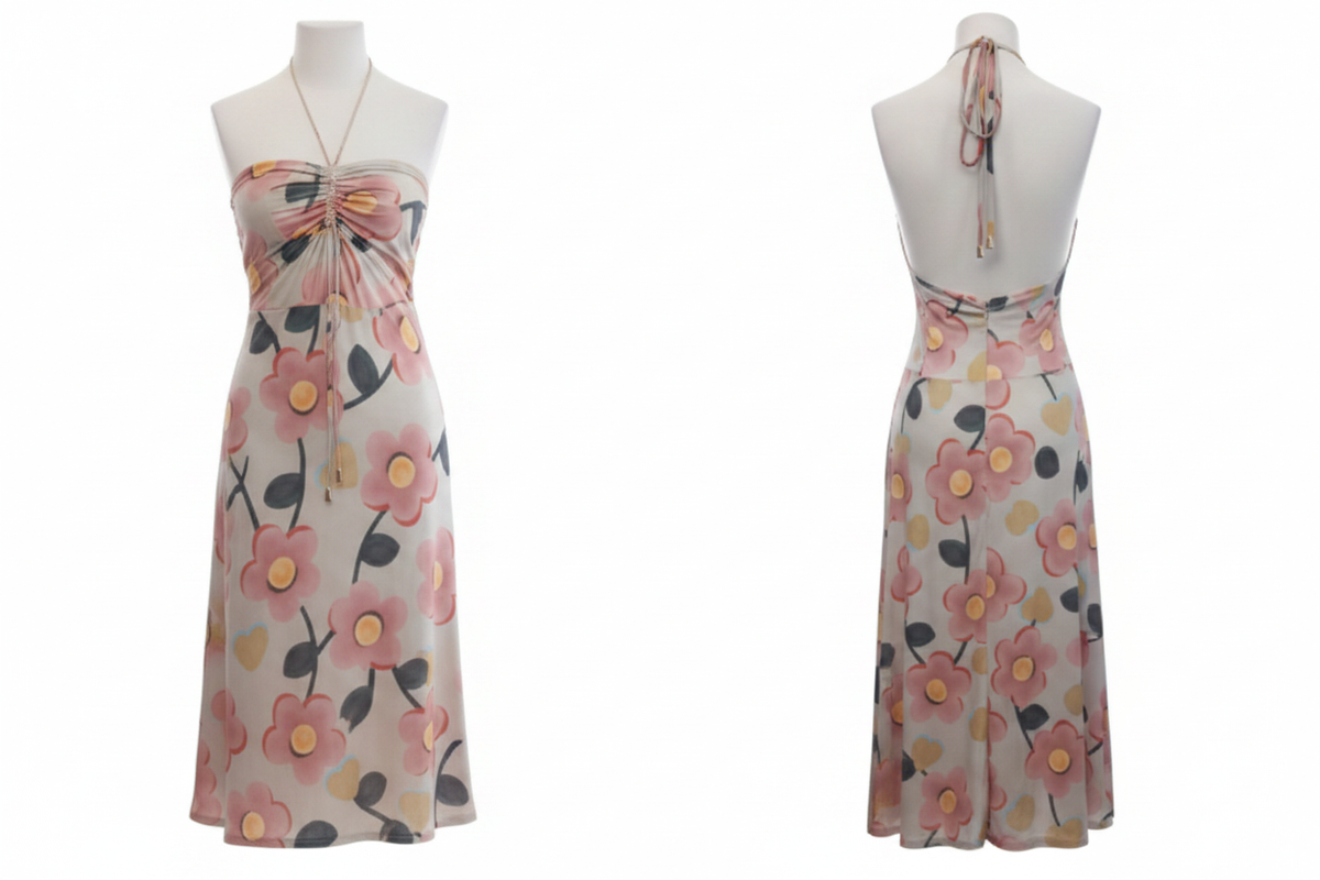 Robe midi florale halter Remanescente ghost vêtement seul face et dos fond blanc