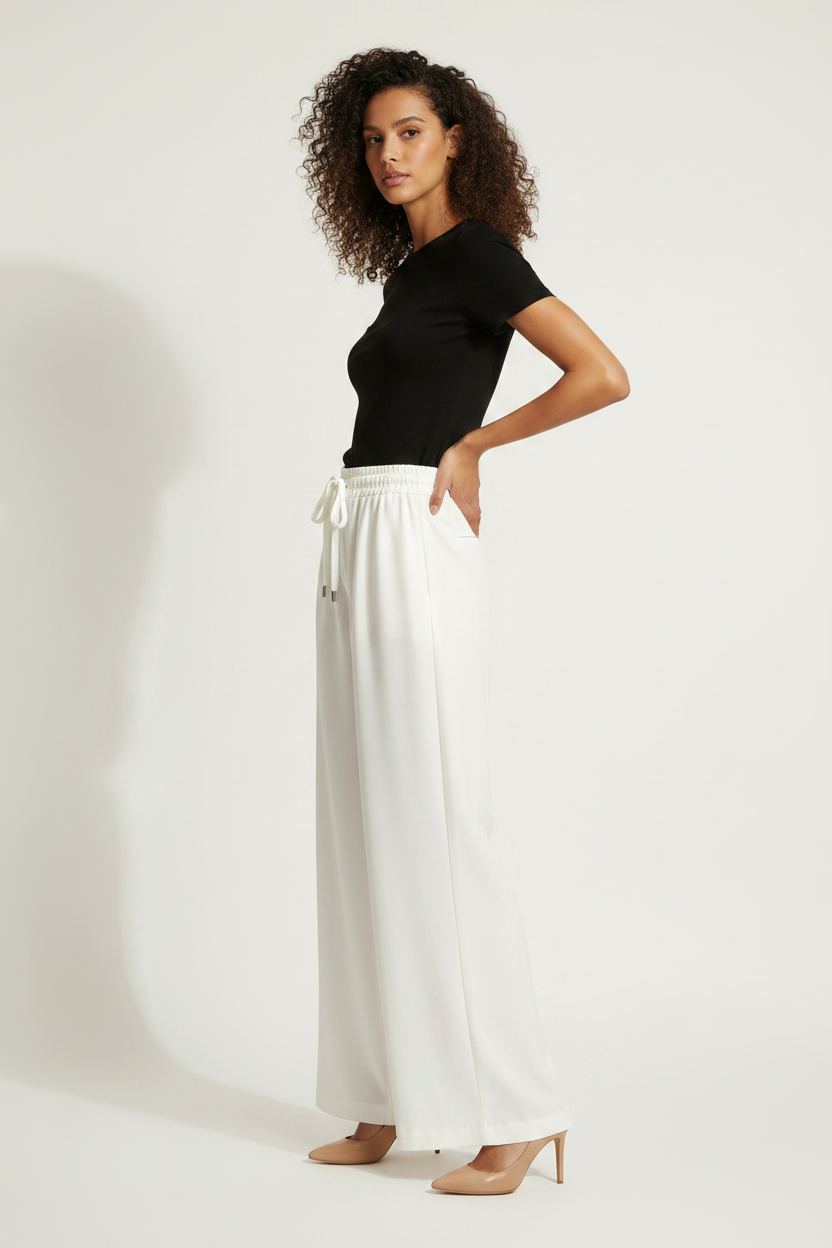 Pantalon Blanc Ivoire Fluide Taille Haute - KC Trend - Made in Italy - Pièce unique - Taille M