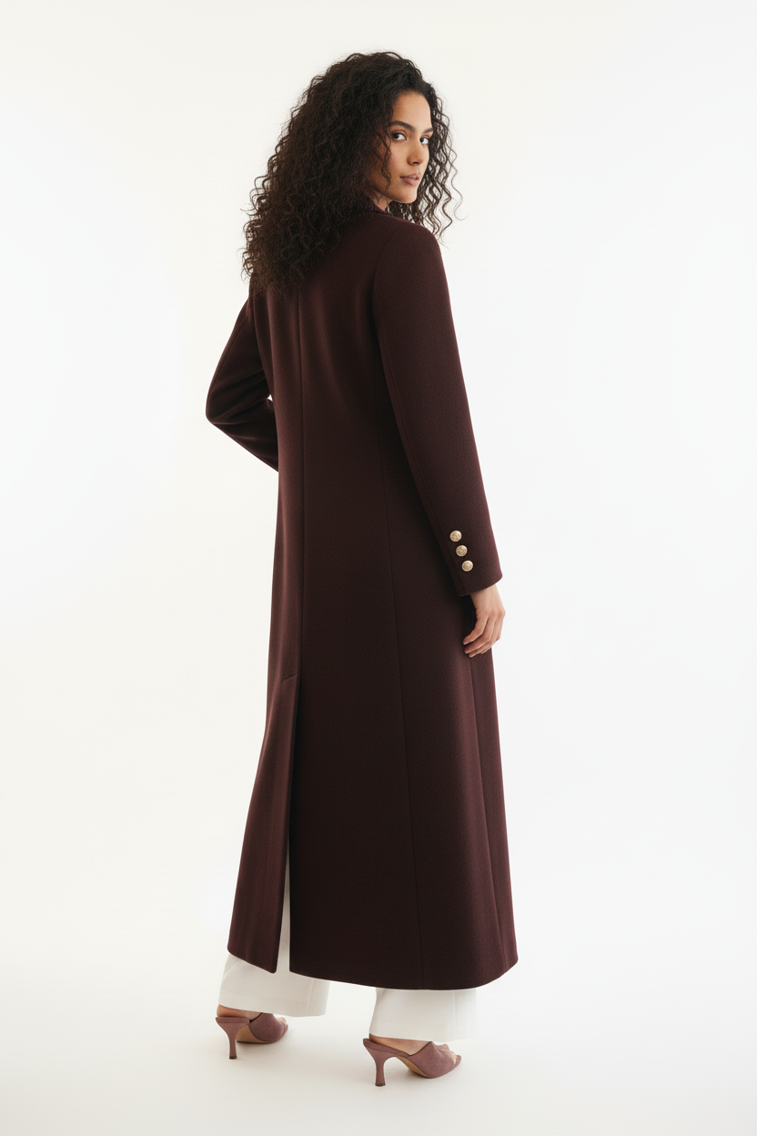 Manteau Long Chocolat Boutons Dorés - Taille L - Made in Italy - Pièce unique