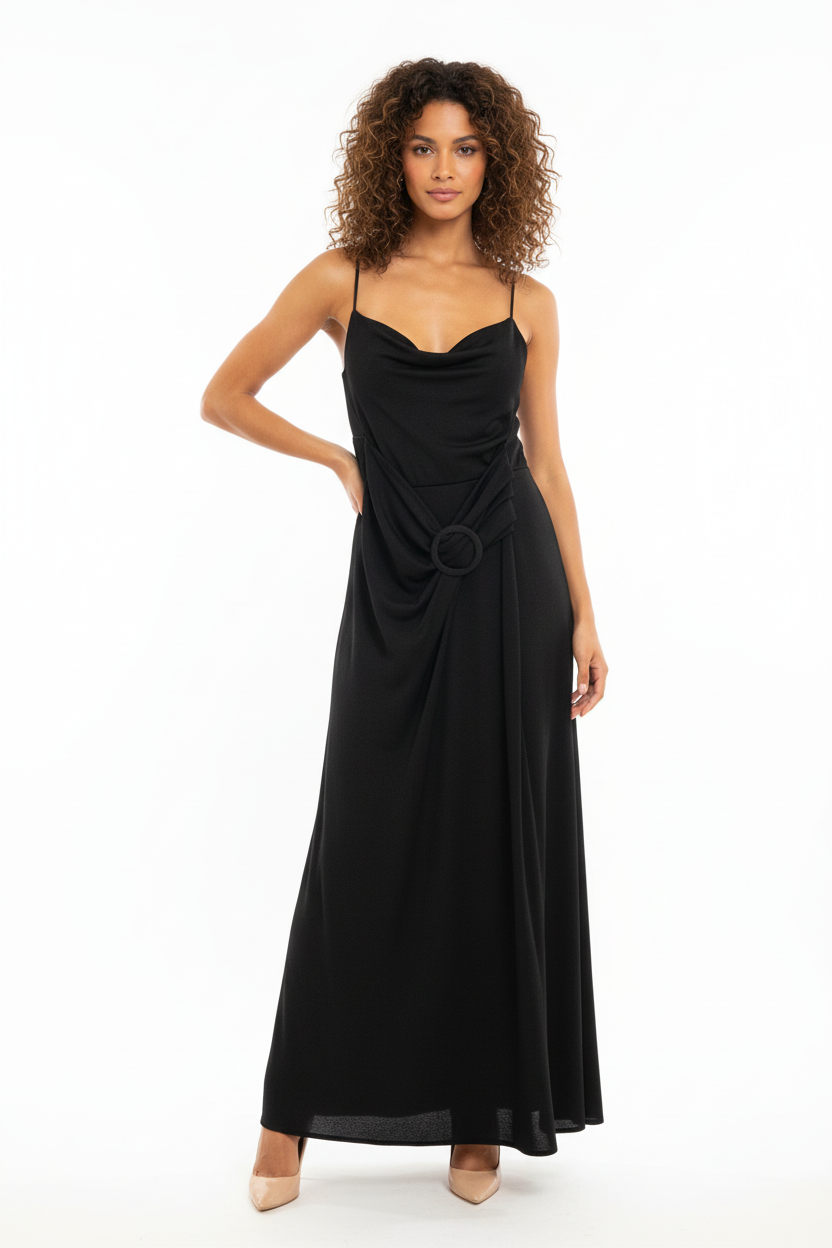 Robe Longue Noire - Anneau Drapé - NEW COLLECTION - Taille 36-38 - Made in Italy - Pièce unique
