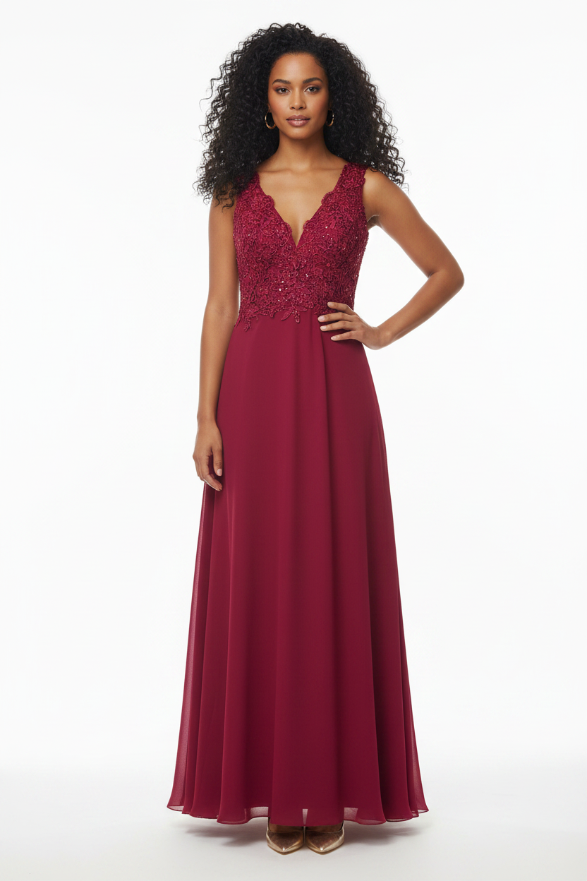Robe Longue Framboise Dentelle Sequins Queen Bridal - Taille L