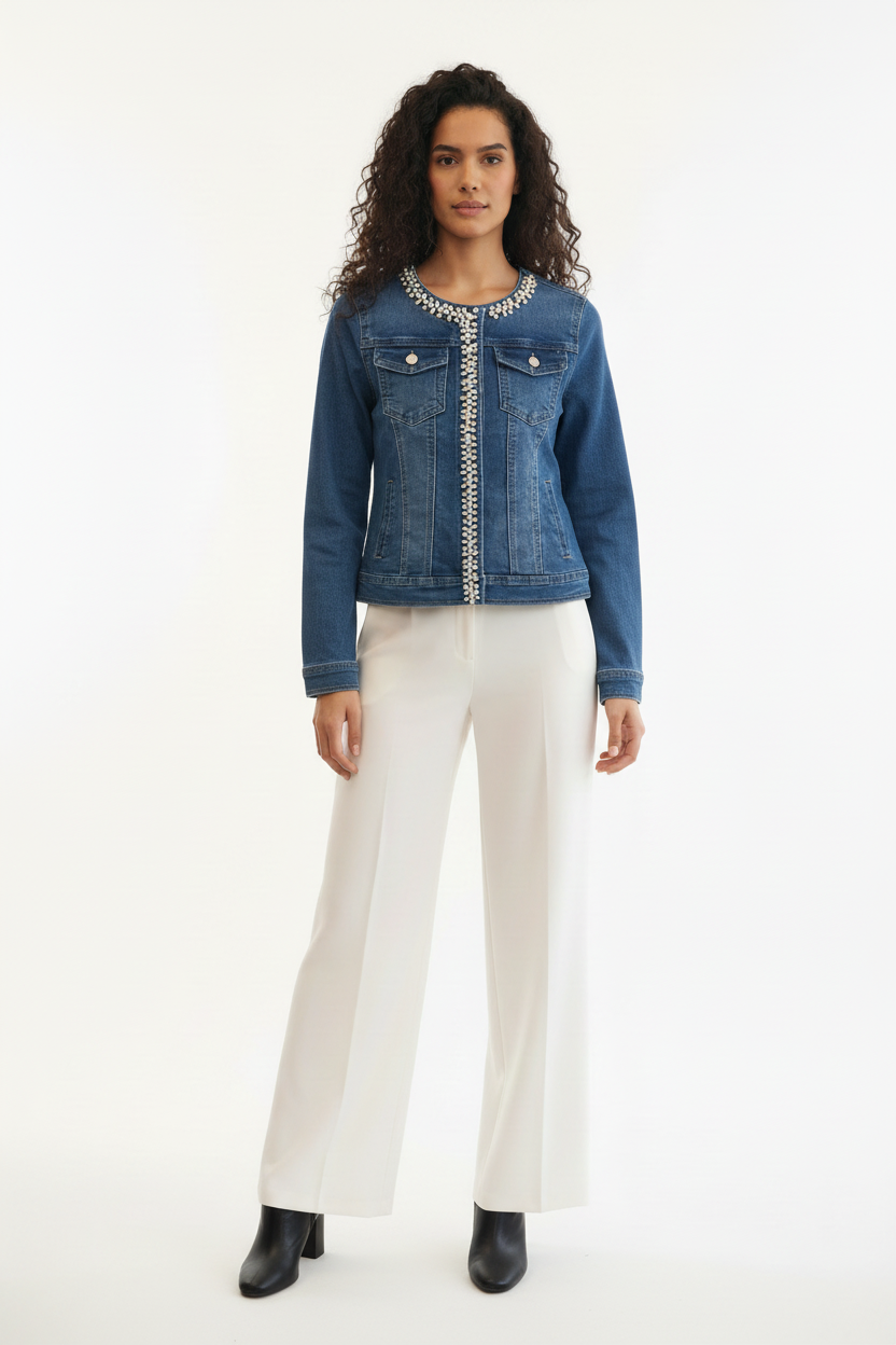 Blouson Jean - Miss Natalie - Perles & Strass - Taille XS - Made in Italy - Pièce unique