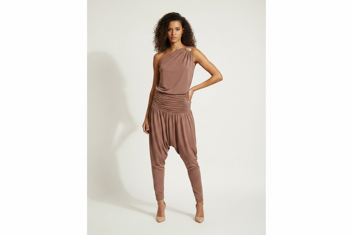 Ensemble LUXX one-shoulder mauve rosé vue face mannequin fond blanc taille 36/38
