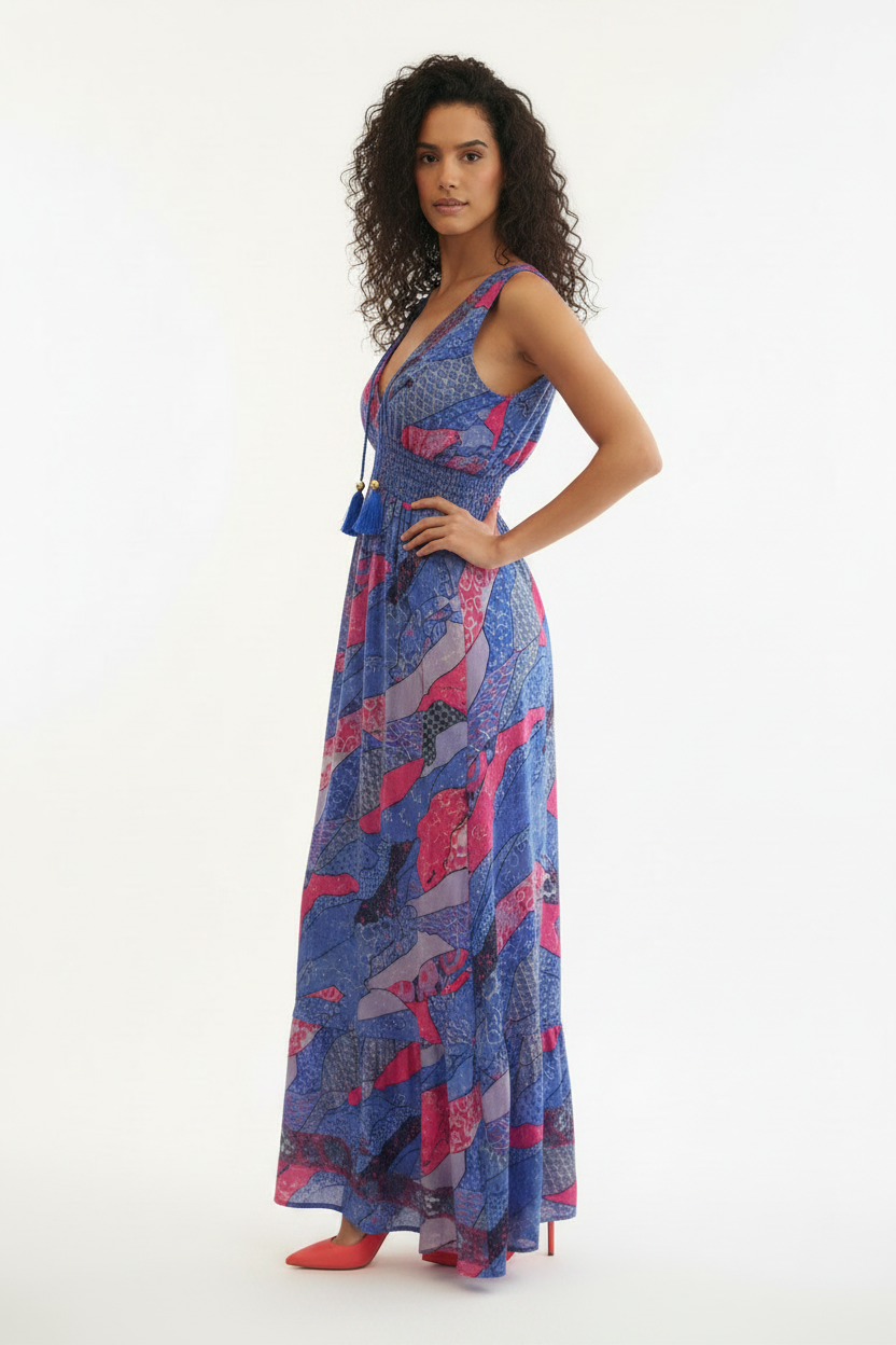 Robe Maxi Oriental Patchwork Bleu Rose Col V Pompons - Taille Unique