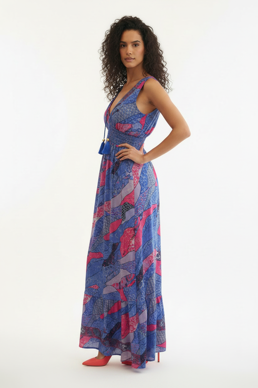 Robe Maxi Oriental Patchwork Bleu Rose Col V Pompons - Taille Unique