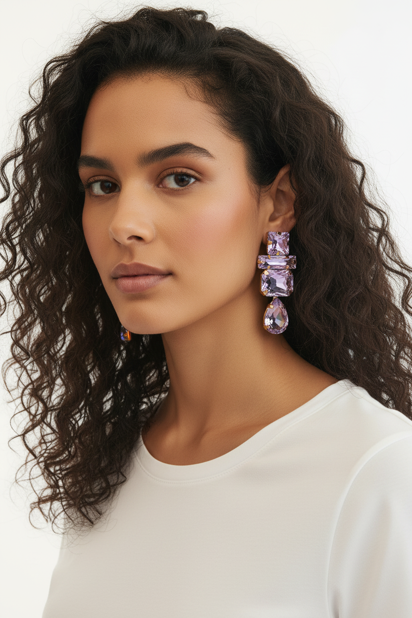 Boucles d'oreilles pendantes cristaux améthyste & Doré
