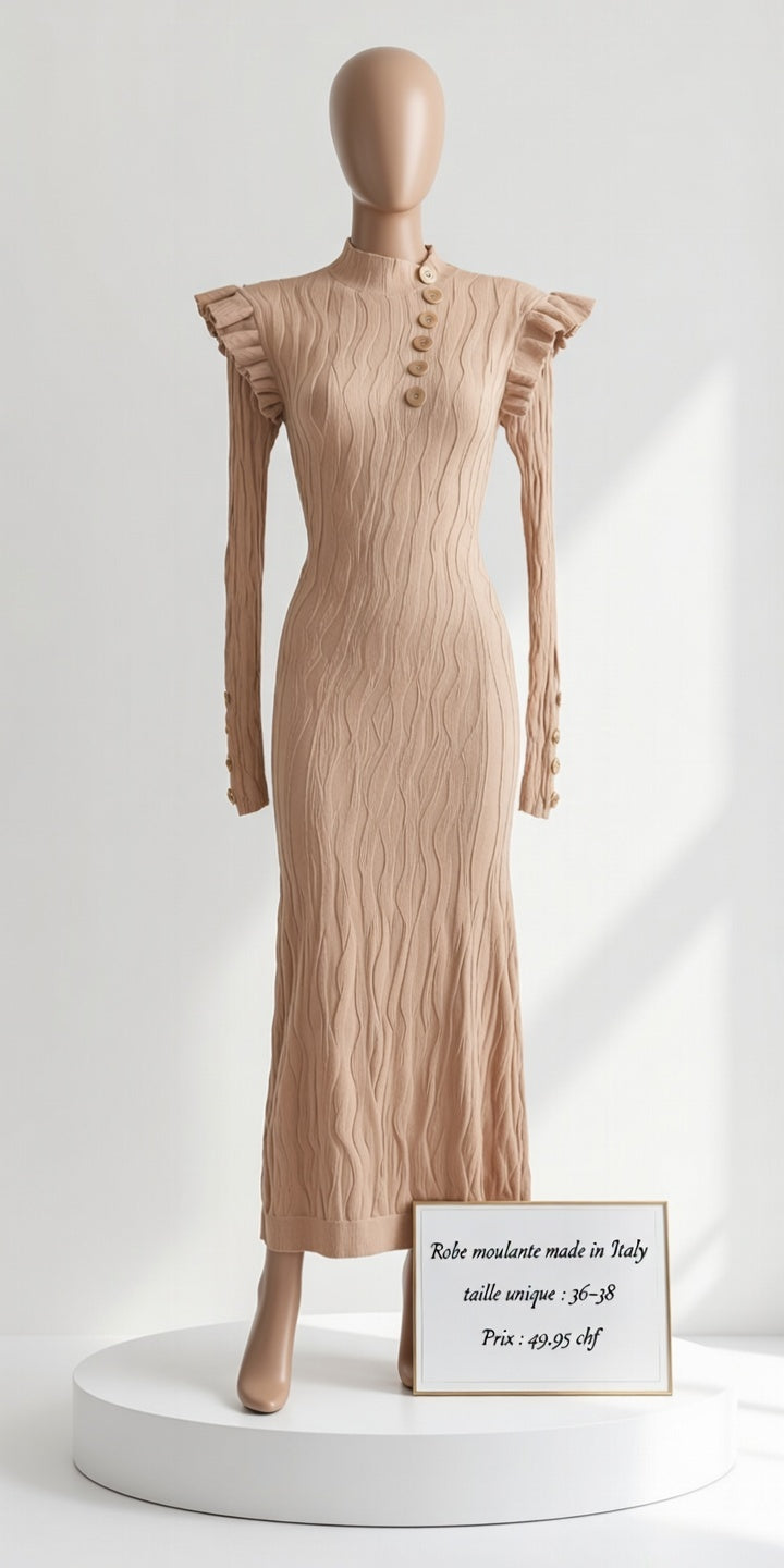 49,95 chf - Taille 36-40 - Robe Sexy Beige Maille Texturée – Élégance Italienne Sensuelle !