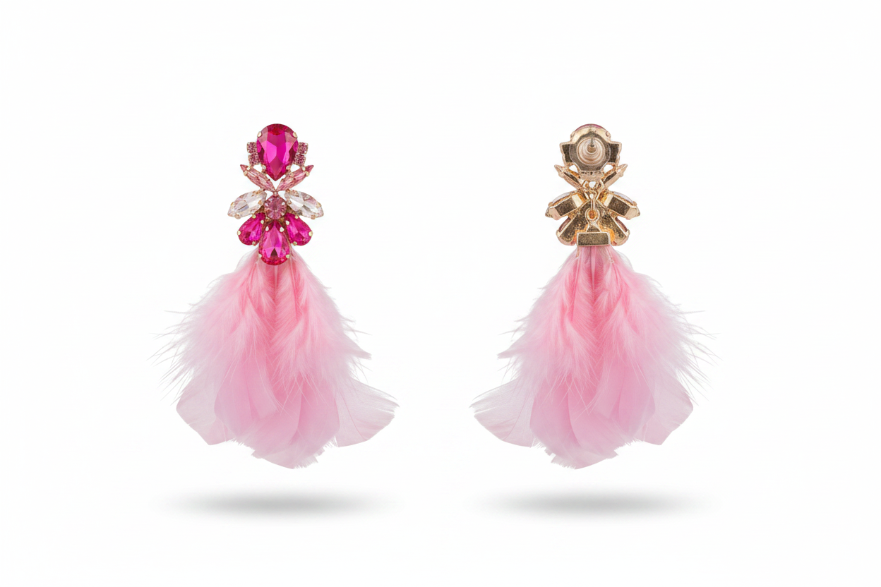Boucles d'oreilles Plumes Roses & Strass Fuchsia