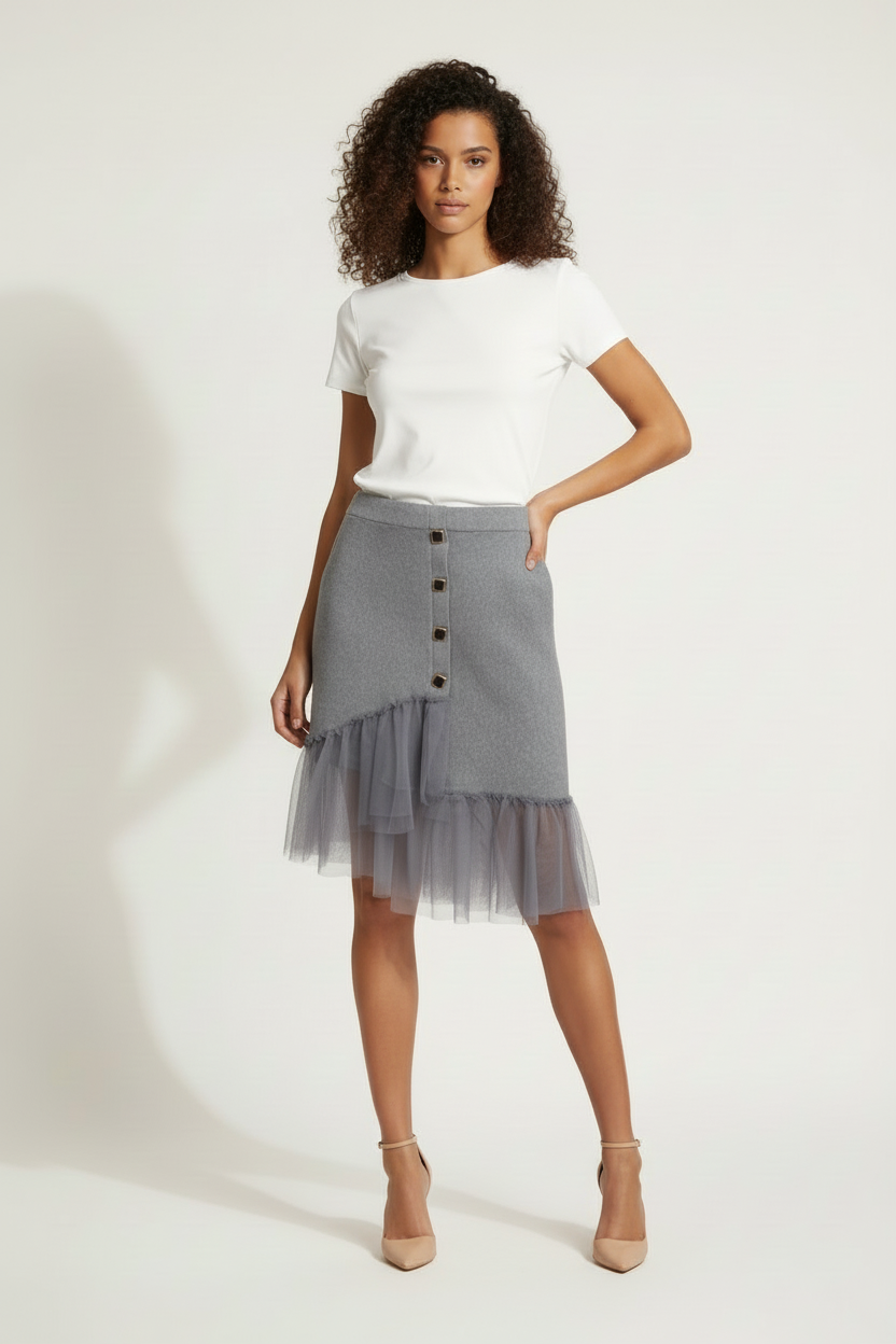 Jupe grise tricot tulle 4 boutons carrés - Taille 36-38- Made in Italy  - Pièce Unique