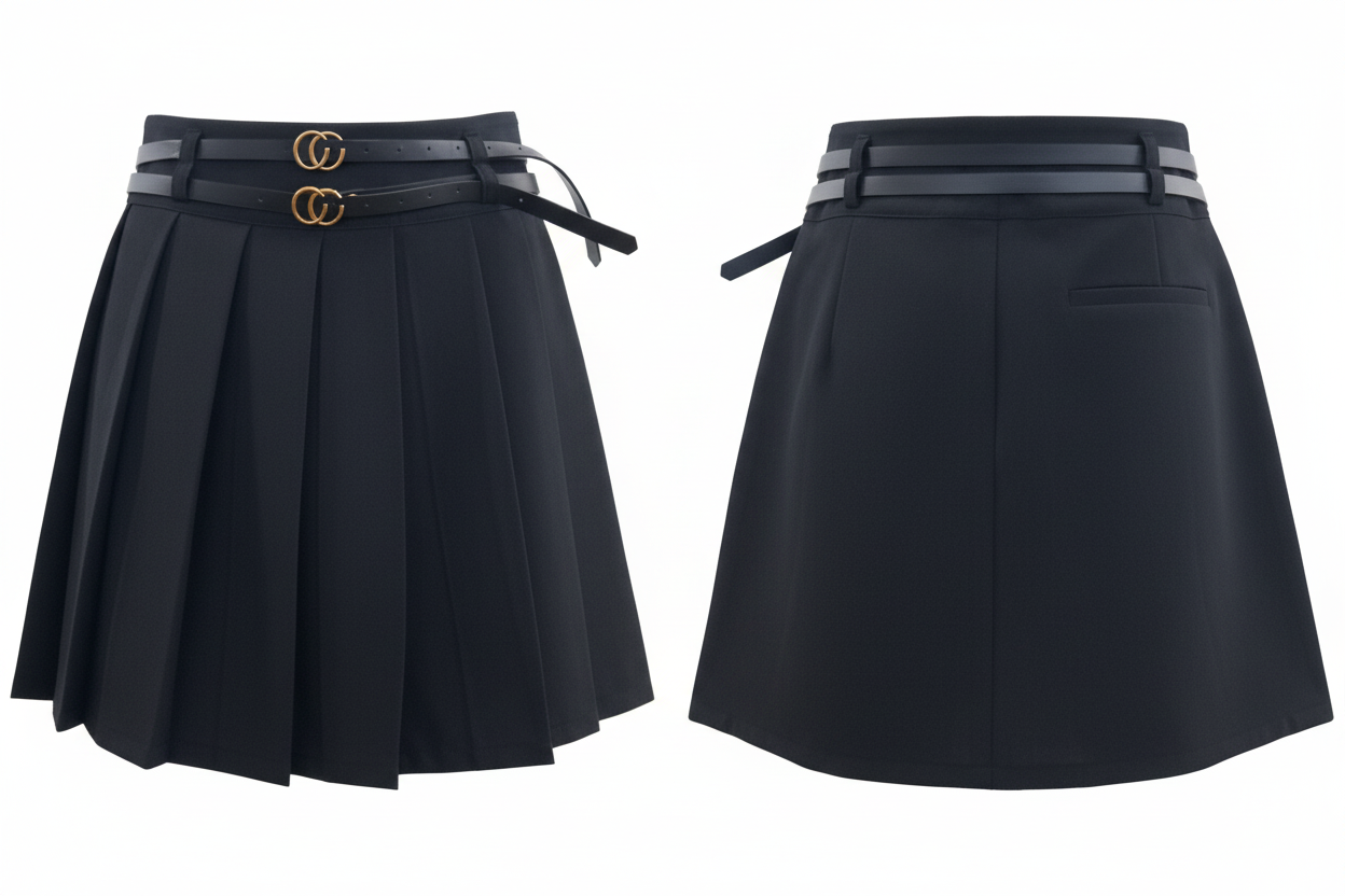 Jupe plissée noire double ceinture dorée - New Collection - Taille L - Made in Italy - Pièce unique