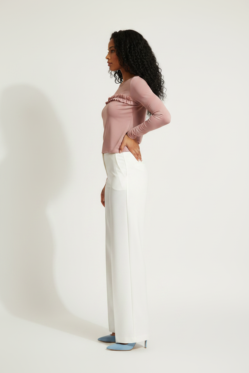 Top rose poudré tulle & volant manches longues - Taille S