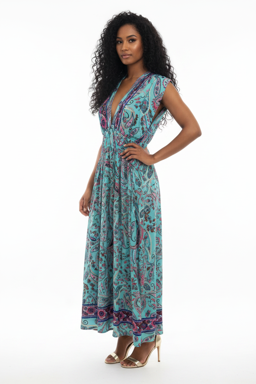 Robe Maxi Bohème Paisley Turquoise Col V Pompons - Taille Unique