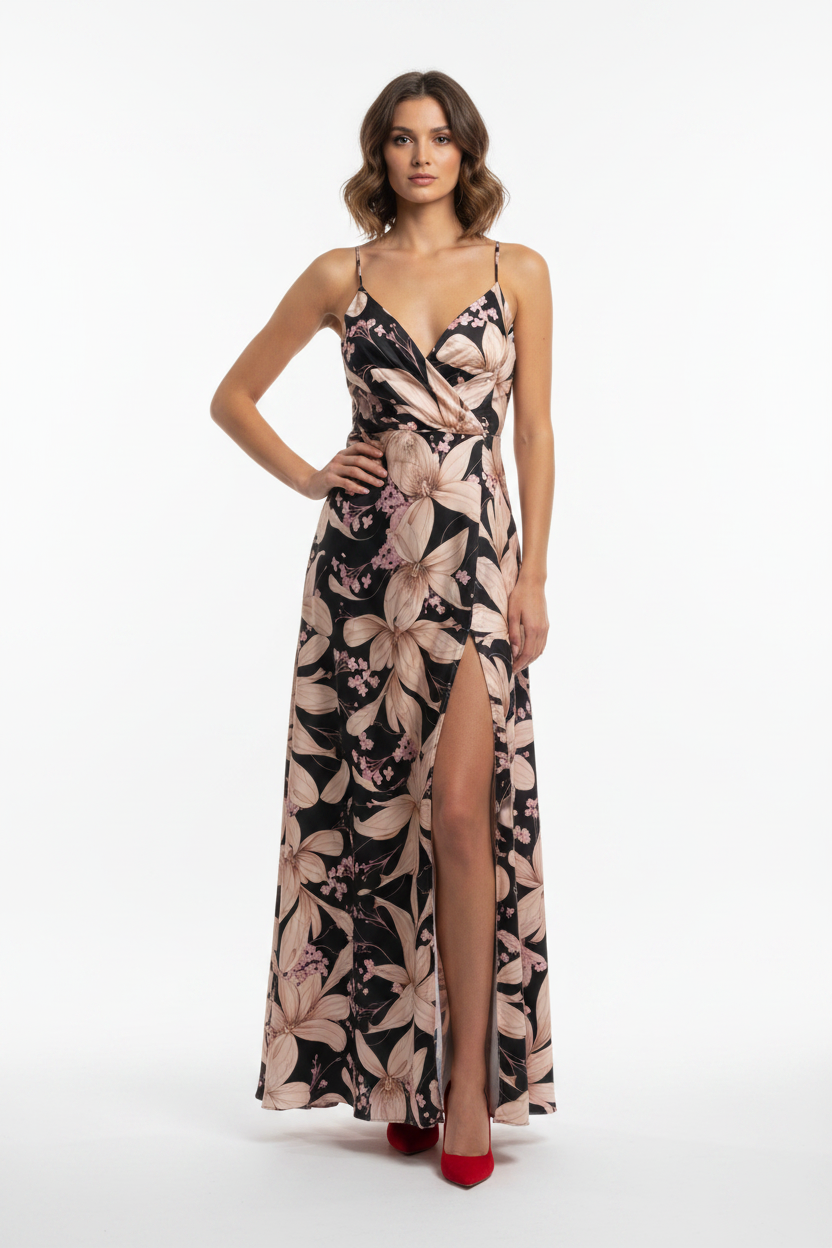 Robe Maxi Florale Noire Bretelles Col V Fente Devant - Made in Italy - Taille Unique