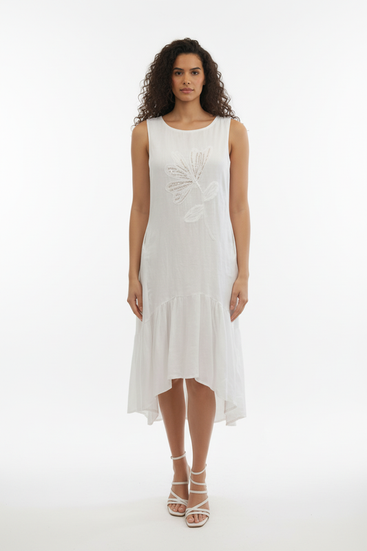 Robe Puro Lino - Lin Italien Brodé Papillon - Taille L - Made in Italy - Pièce unique