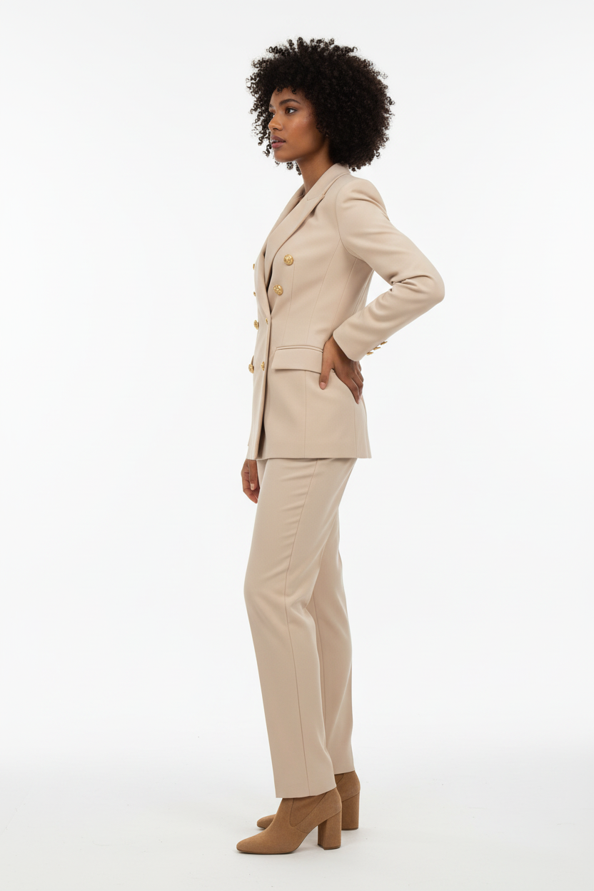 Tailleur Beige - New Collection - Blazer Double Boutonnage & Pantalon Droit - Taille S - Made in Italy - Pièce Unique