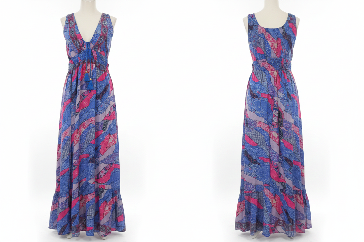 Robe Maxi Oriental Patchwork Bleu Rose Col V Pompons - Taille Unique