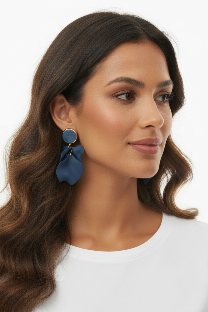 Boucles d'oreilles Pétales Bleu Ardoise & Dorées