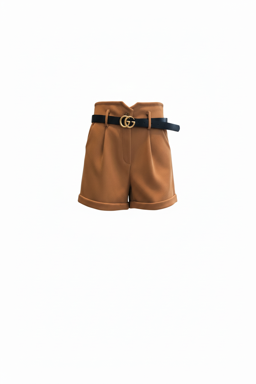 Short Z ONE Camel Plis Élégants & Ceinture Boucle Dorée - Taille S - Made in Italy - Pièce unique