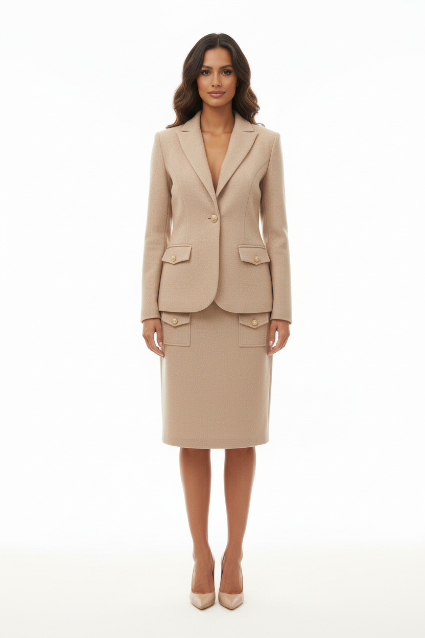 Tailleur Jupe Beige - New Collection - Blazer & Jupe Droite Boutons Dorés - Taille XL - Made in Italy - Pièce Unique
