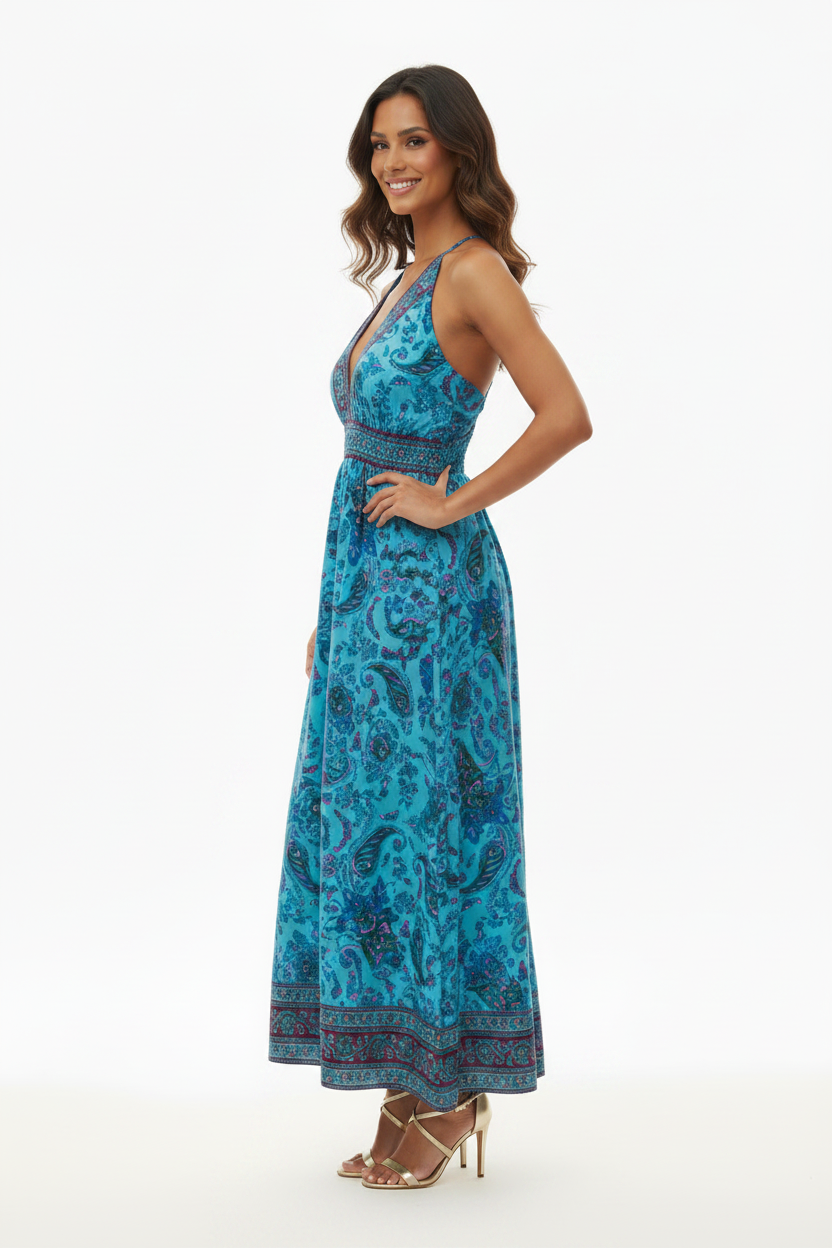 Robe Longue Paisley Turquoise Dos Nu Bretelles Croisées Palak - Taille Unique