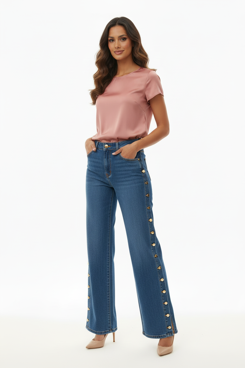 Jean Wide Leg - Boutons Dorés - CHANGE OFF - Taille XS - Made in Italy - Pièce unique