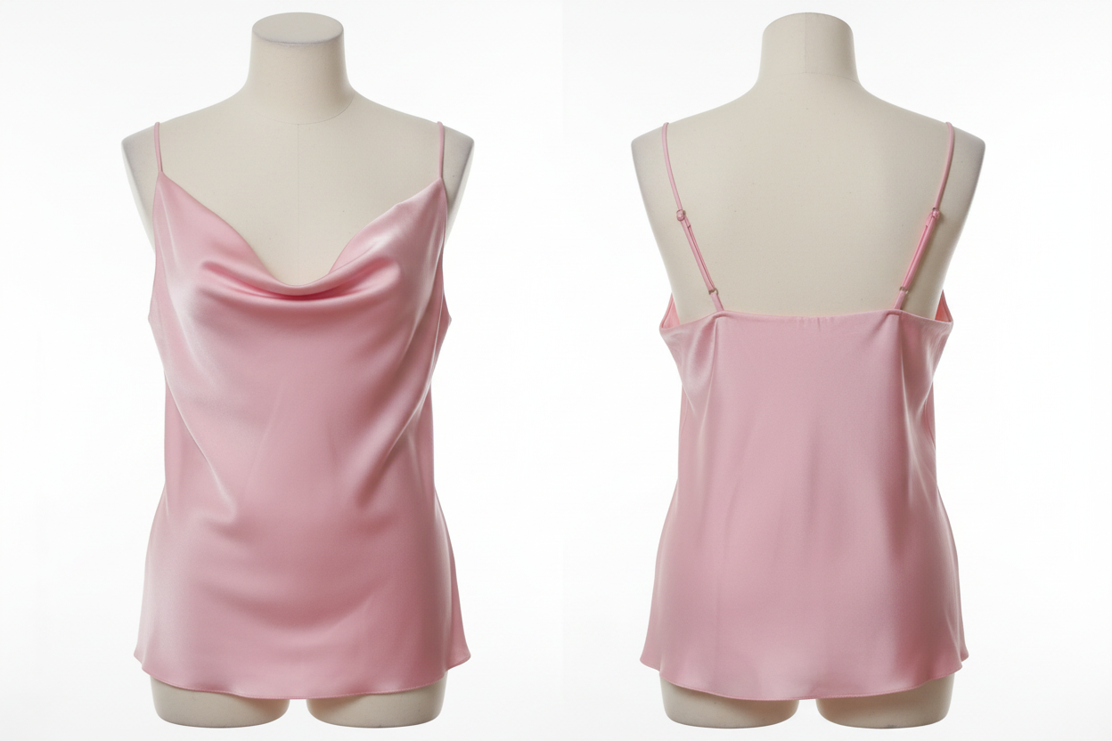 Top satiné rose col bénitier ghost mannequin face et dos fond blanc