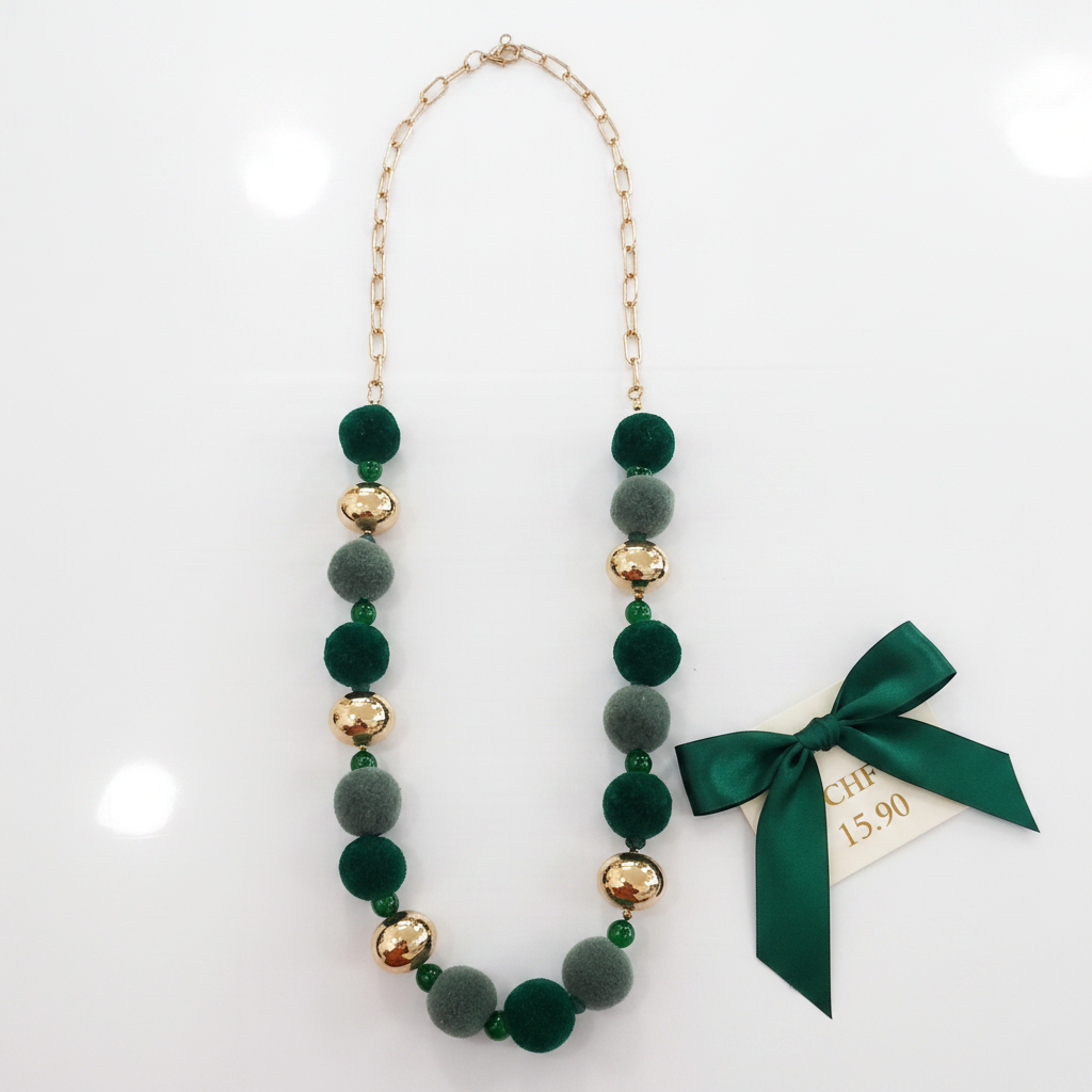 Collier long pompons vert & gris perles dorées