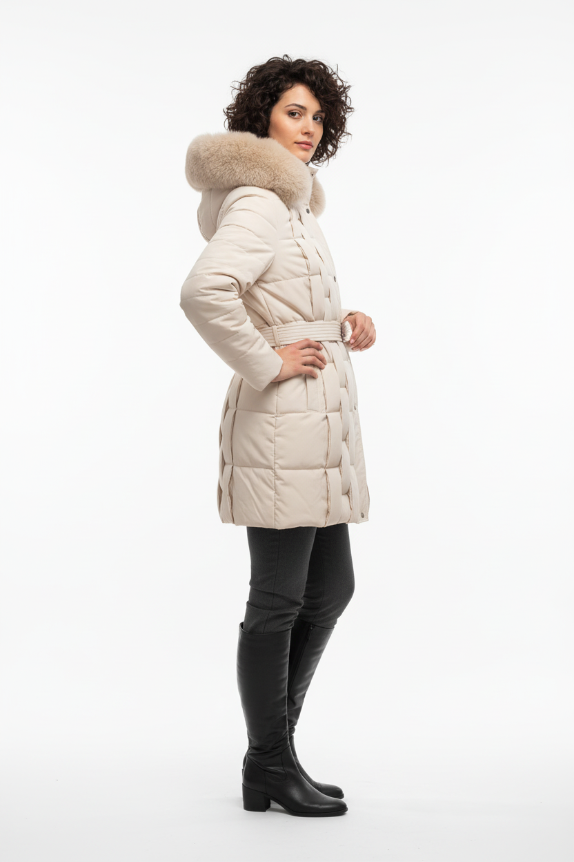 Manteau matelassé - Mélie Rose - Col fourrure & ceinture - Taille 3XL/48 - Made in Italy - Pièce unique