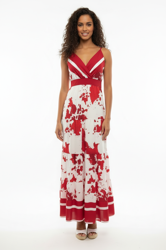 Robe Longue - New Fantasia - Rouge & Blanc  - Élégance Florale - Taille 36-38 - Made in Italy - Pièce unique