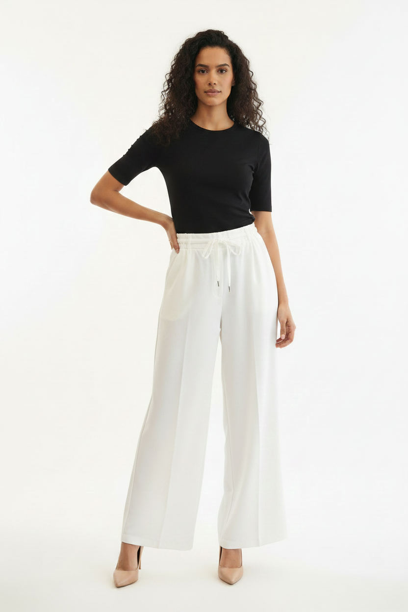 Pantalon Blanc Ivoire Fluide Taille Haute - KC Trend - Made in Italy - Pièce unique - Taille M