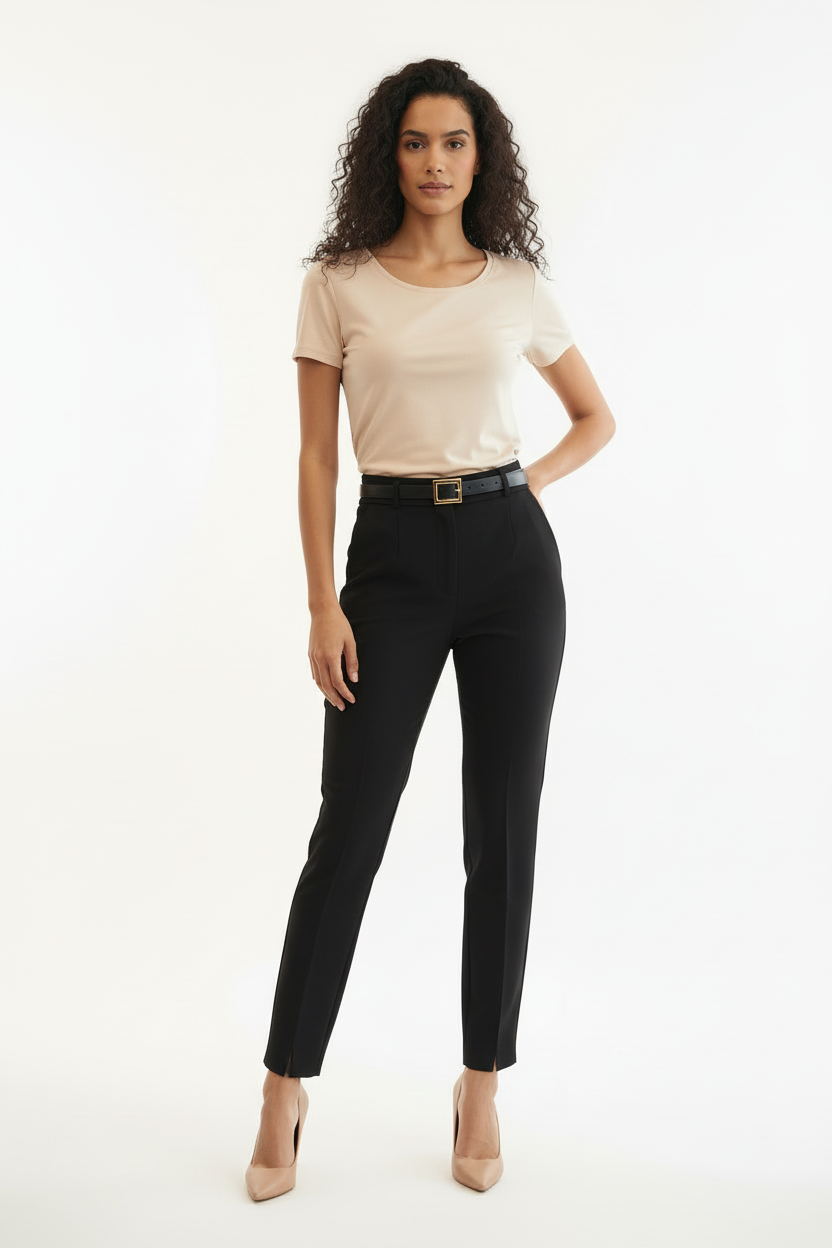Pantalon Noir Taille Haute - Ceinture - Forget-me-not - Taille XL - Made in Italy - Pièce unique