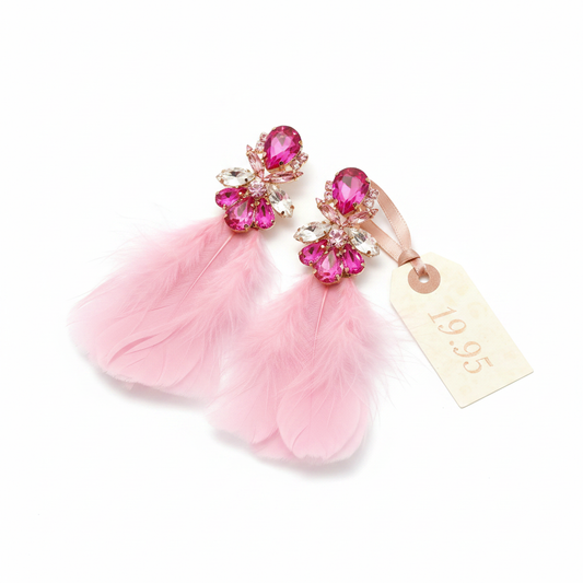 Boucles d'oreilles Plumes Roses & Strass Fuchsia