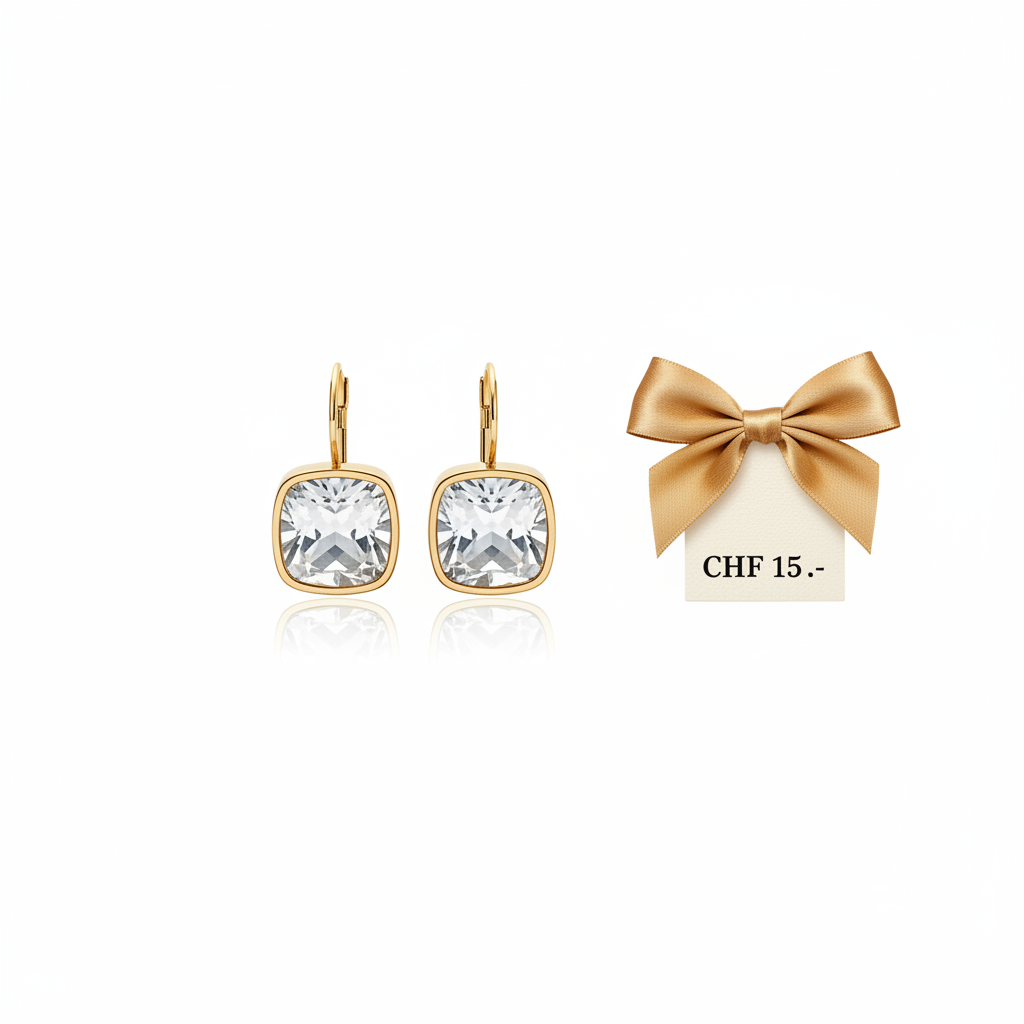 Boucles d'oreilles puces carrées cristal transparent serti doré