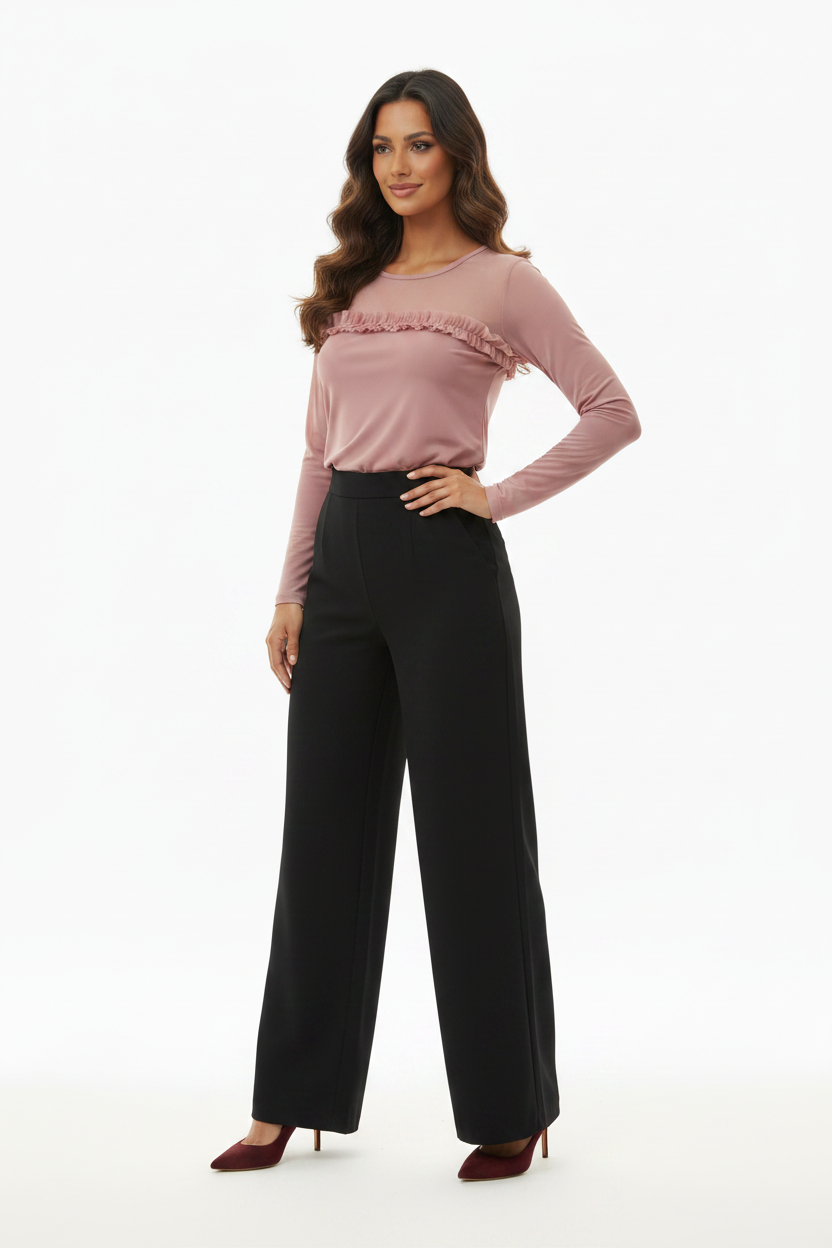 Top rose poudré tulle & volant manches longues - Taille S
