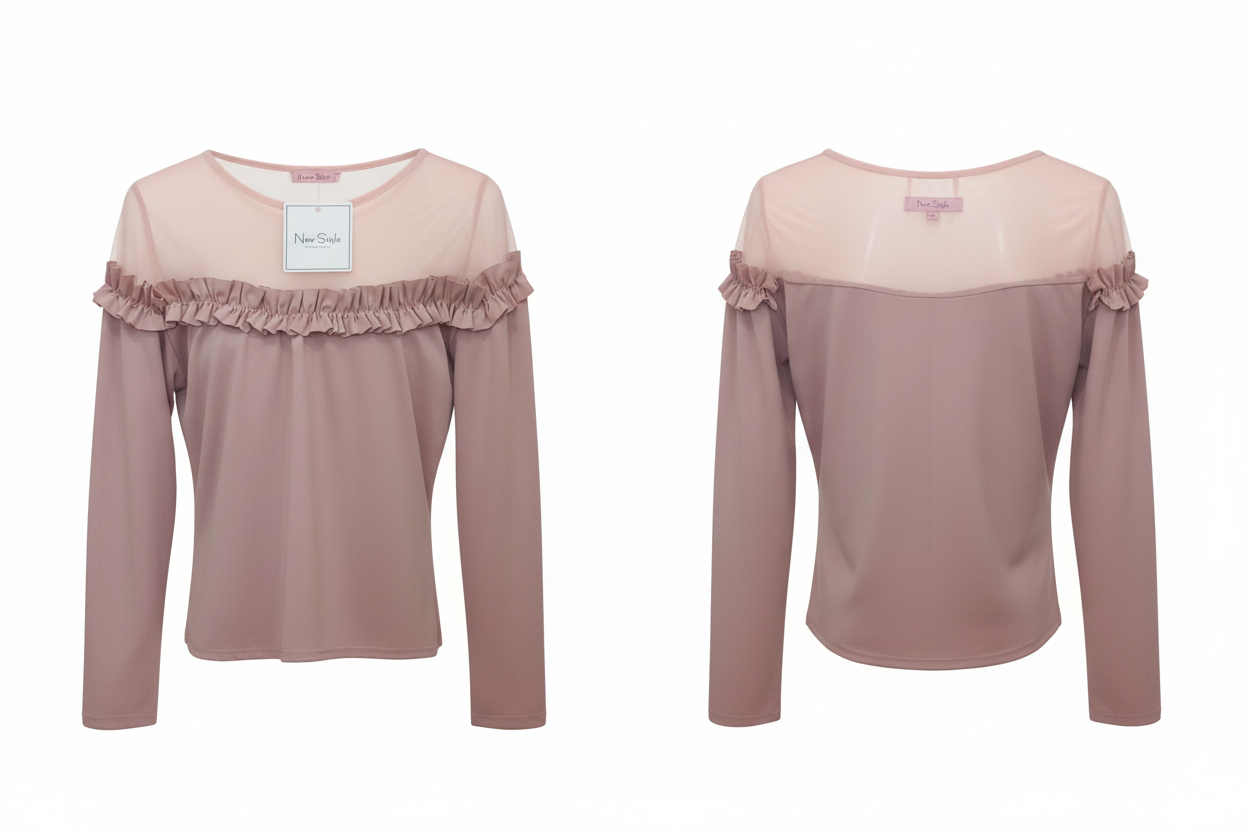 Top rose poudré tulle & volant manches longues - Taille S