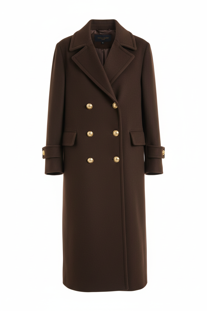 Manteau Long Chocolat Boutons Dorés  - Taille M - Made in Italy - Pièce unique