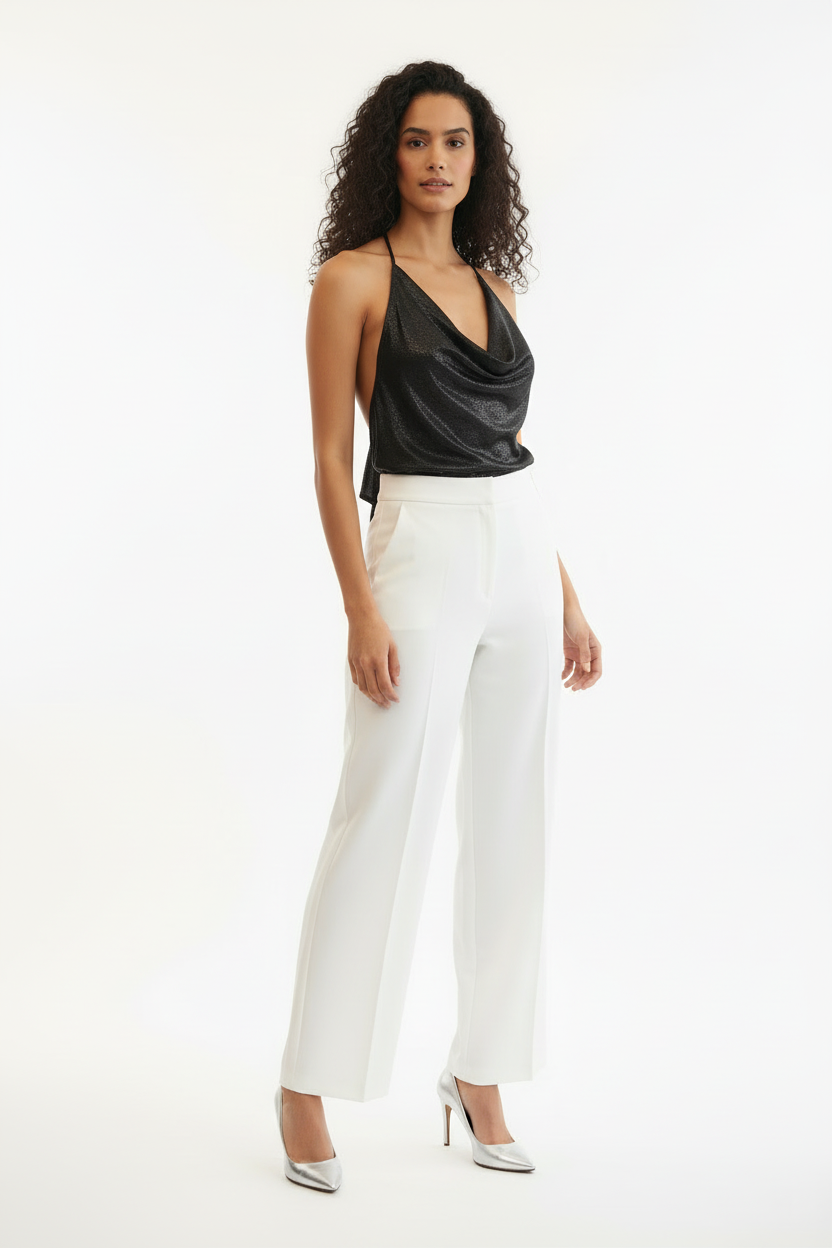 Top halter noir métallisé col V plongeant Made in Italy - Taille 36 à 40