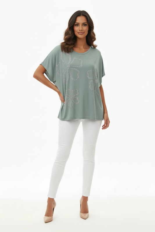 Top oversize vert sauge fleurs strass Foresta Bella – Taille M/L - Made in Italy - Pièce unique
