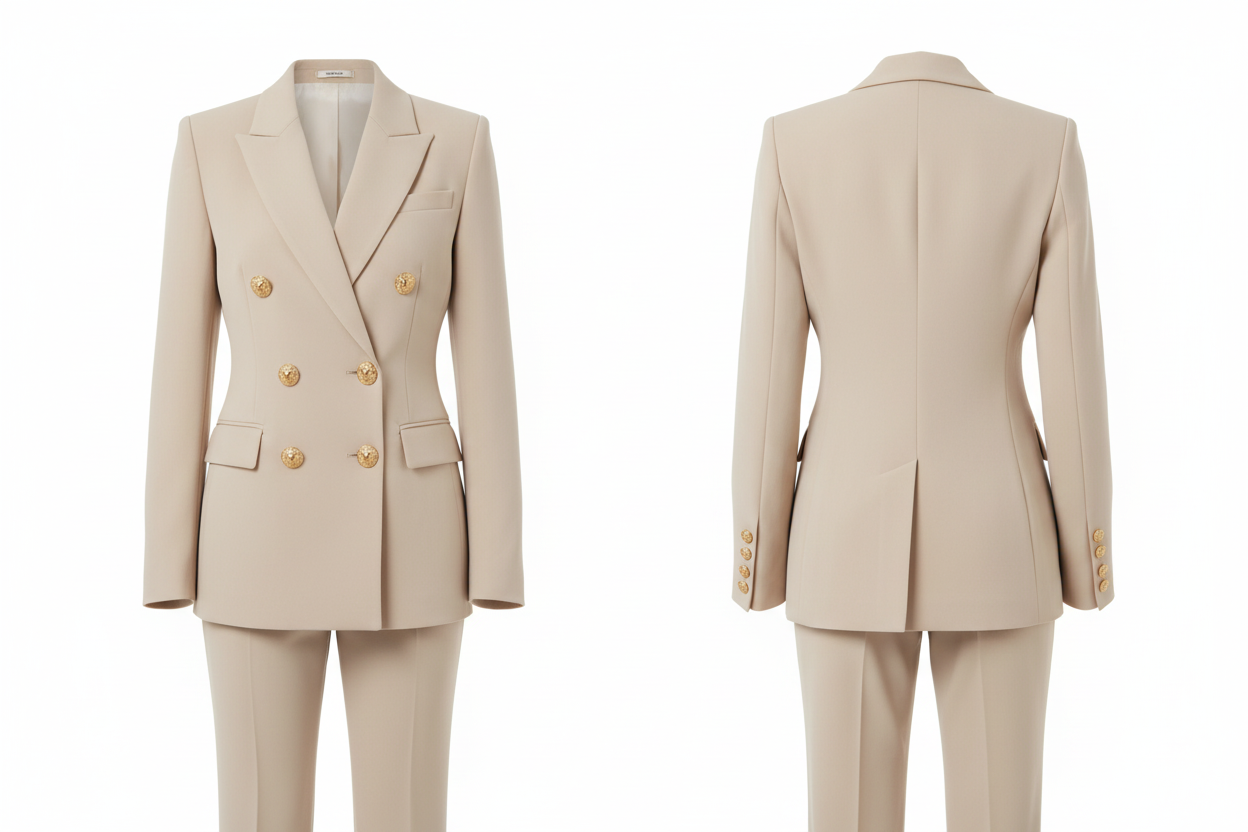 Tailleur Beige - New Collection - Blazer Double Boutonnage & Pantalon Droit - Taille S - Made in Italy - Pièce Unique